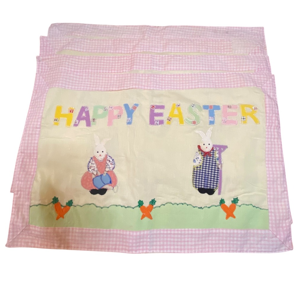 Vintage Easter Bunny Quilted Placemats Set of 4 Pink Gingham‎ Happy Easter 18x13